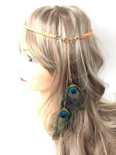Diadema Trenzada Naranja/Salmón con Plumas de Pavo Real (1 ud)