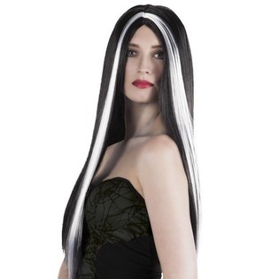 Peluca Larga Negra con Mechas Blancas (1 ud.)