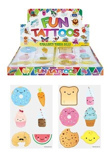 Tatuajes Divertidos - Modelo: Caras de Comida (Expositor de 48 uds., 12 Tatuajes por pack)